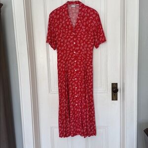 Vintage RTW Maxi Red Floral Button-Up Dress   SZ 6